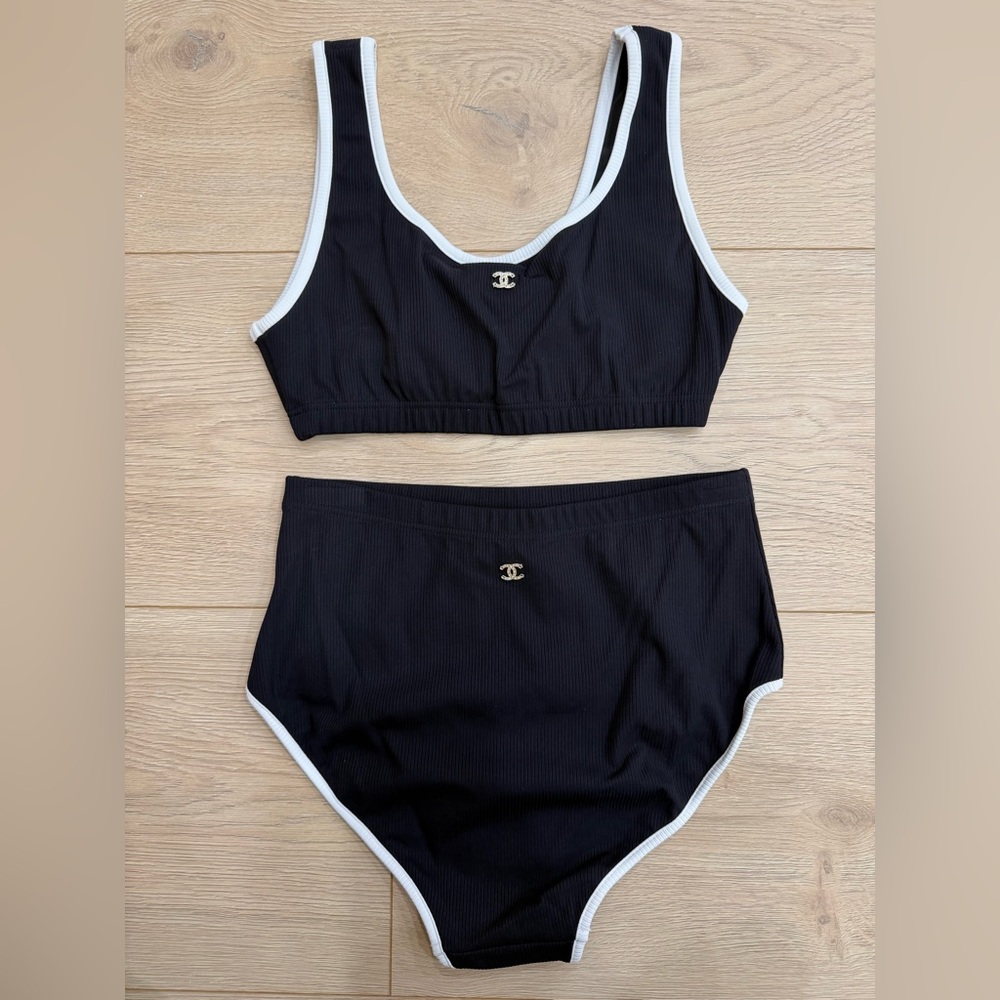 Chanel 22S Black White Crystal CC Logo Bikini Two Piece Swimsuit Bathing Suit 38 - Picture 6 of 16